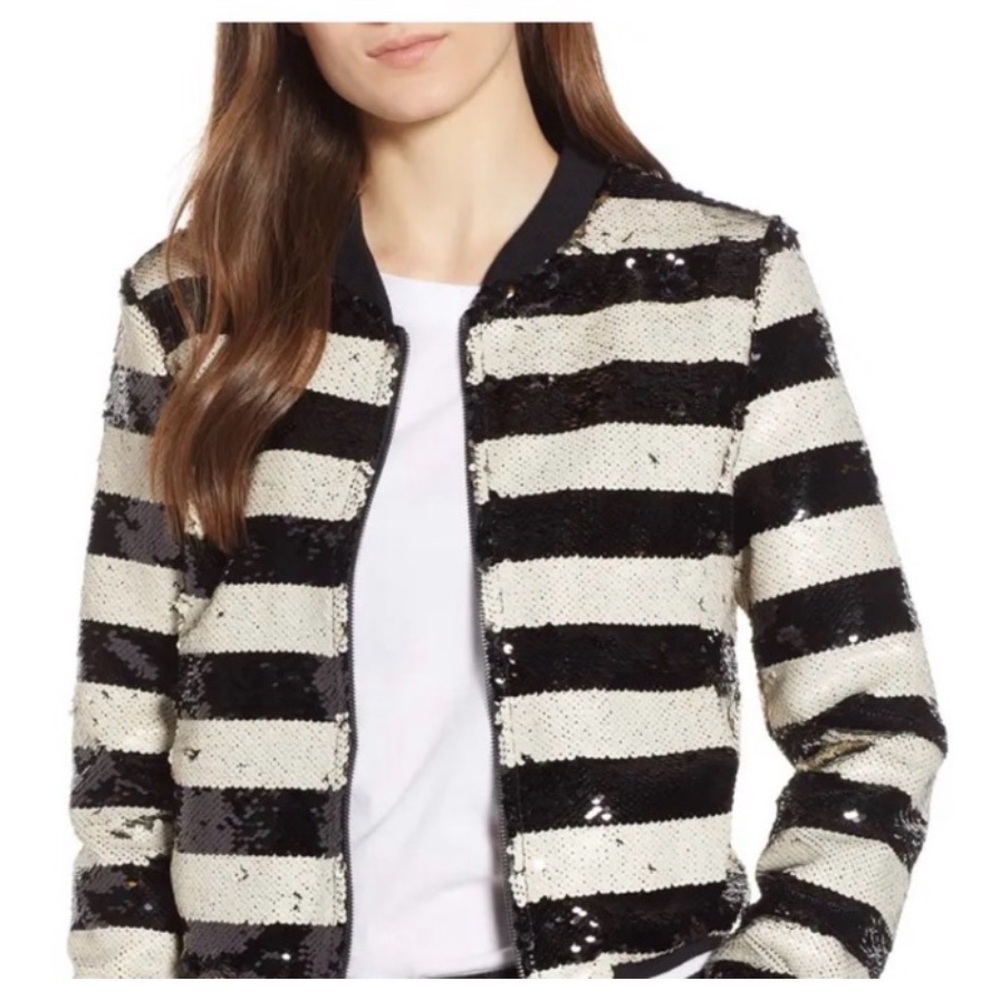 Vigoss Reversible Sequin Striped Bomber Jacket Black Silver Size Small